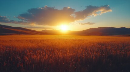 Obraz premium Golden wheat fields swaying in the warm sunset light during harvest season