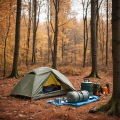 Tourist's survival kit and camping tent in autumn forest
