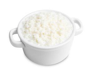 Delicious rice pudding in ceramic dish isolated on white