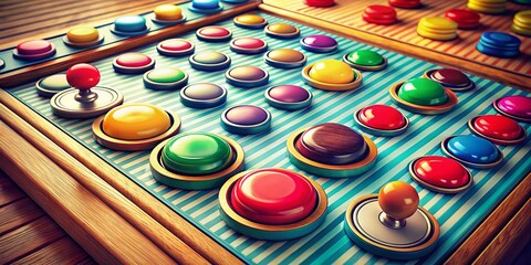 Vintage Quiz Game Button Illustration: Colorful Flat Cartoon Brainy Game Design