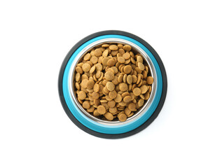 Dry pet food granules in feeding bowl isolated on white, top view