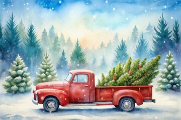 Vintage Red Pickup Truck with Christmas Trees in a Watercolor Style, Captured in Long Exposure, Perfect for Holiday Decor and Seasonal Celebrations