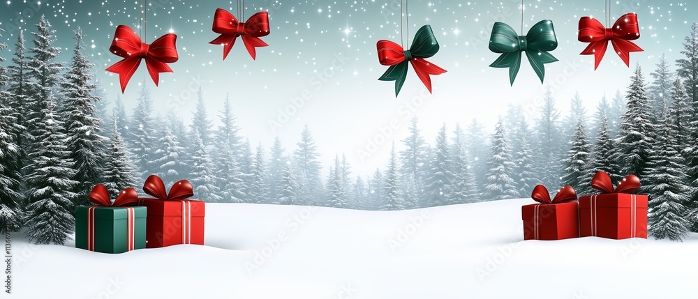 Poster christmas scene with a snowy forest and red bows hanging from the sky. there are two red boxes on th