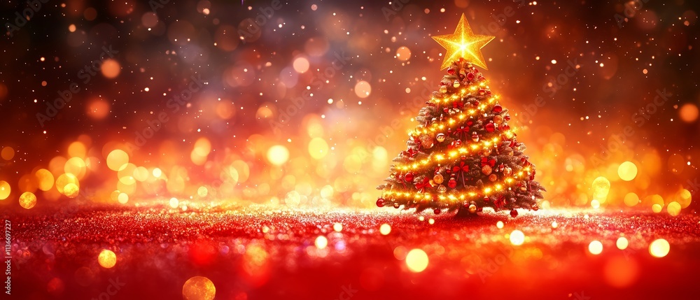Poster christmas tree with lights on it is in the foreground of a blurry background. the tree is surrounded