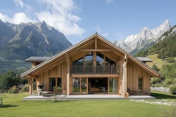 An old wooden lodge in the mountain Alps, situated within a rural fall landscape