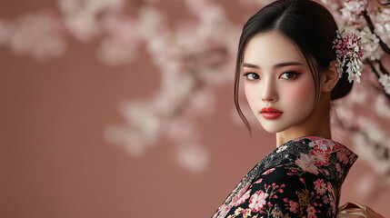 Fototapeta premium A stunning Japanese woman in a delicate cherry-blossom-patterned kimono, obi sash tied perfectly, with kanzashi hairpins completing her timeless look.