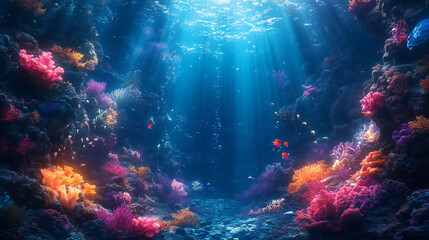 Vibrant underwater paradise filled with mythical creatures and colorful corals