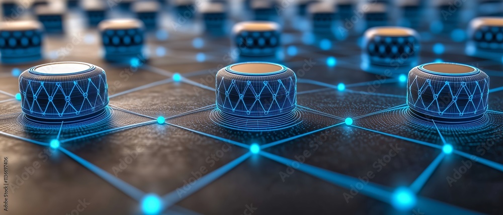 Poster close-up of a computer chip with a blue and white background. the chip is surrounded by a network of