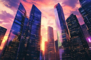 Futuristic cityscape at sunset featuring towering skyscrapers with sleek designs, illuminated by vibrant colors reflecting off glass surfaces. The skyline creates a stunning visual harmony.