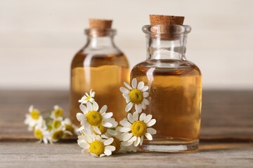 Bottles of essential oil and chamomile flowers on wooden table, closeup