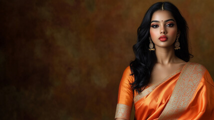 Fototapeta premium Studio portrait of an Indian woman dressed in an exquisite saree with golden zari work, adorned with bangles, earrings, and a maang tikka, radiating grace.