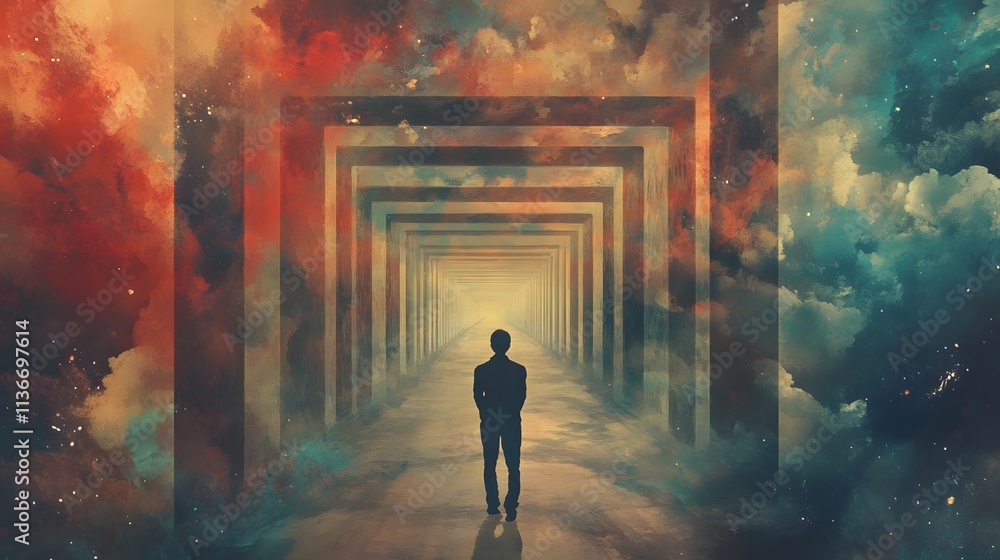 Poster surreal perspective of a solitary figure standing before an infinite gateway surrounded by vibrant c