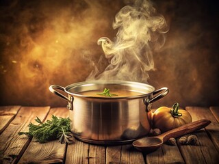 Vintage Saucepan Boiling Soup Illustration - Retro Kitchenware Clipart