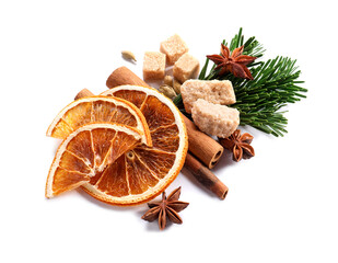 Different aromatic spices isolated on white. Christmas season