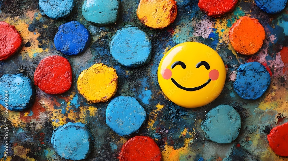 Poster Colorful Abstract Background with Playful Smiley Face Button on Vibrant Painted Surface Featuring Bright Blue, Red, Yellow, and Orange Circular Shapes for Creative Projects