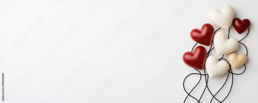 Poster a collection of colorful hearts intertwined with black strings on a light background, symbolizing lo