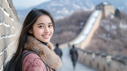 Young woman smiling at the great wall of china in winter