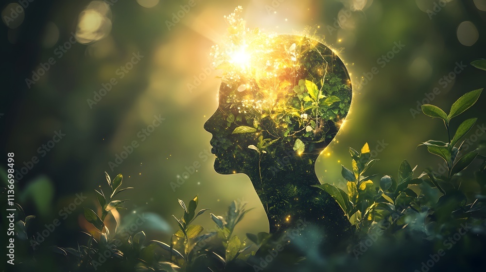 Poster a creative representation of inner growth with a silhouette of a human head surrounded by nature and