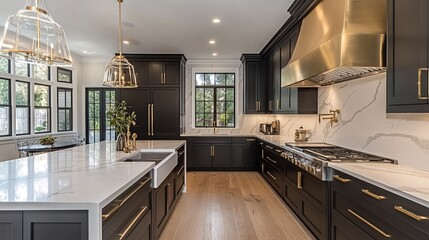 A modern kitchen with dark wood cabinets and marble countertops