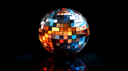 Obraz premium A mirrored disco ball with vibrant colors reflects light on a dark background. Mirrored. Illustration