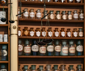 Pharmacy and vintage balance in apothecary.