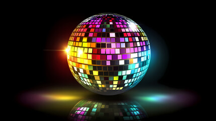 Obraz premium A mirrored disco ball with vibrant colors reflects light on a dark background. Mirrored. Illustration