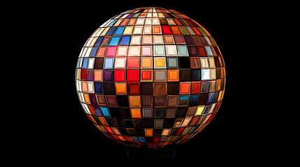 Fototapeta premium A mirrored disco ball with vibrant colors reflects light on a dark background. Mirrored. Illustration