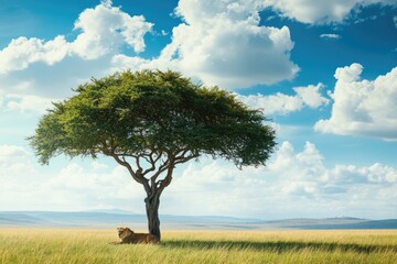Obraz premium Majestic African Lion Resting Under Acacia Tree In Savanna