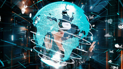 Woman looking around analyzed world finance data through VR glasses uploading turn around global interface digital infographic network technology virtual 3D reality animation at server. Contraption.