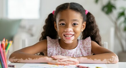 Smiling young african american girl with vitiligo drawing at home