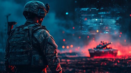A soldier in camouflage stands silhouetted against a dark, futuristic background with glowing blue and red lights and a tank in the distance