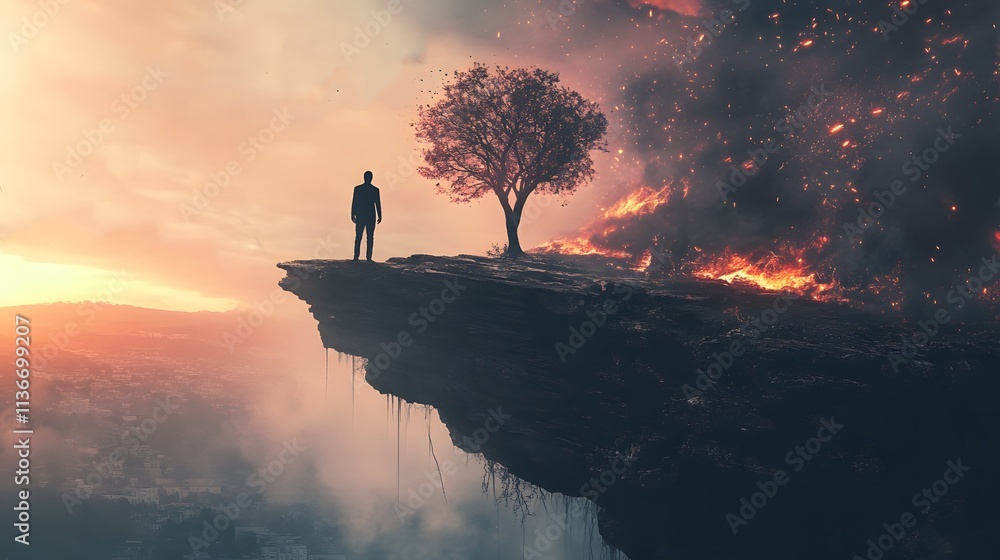 Aufkleber a solitary figure standing on the edge of a cliff overlooking a fiery landscape at sunset with a sin