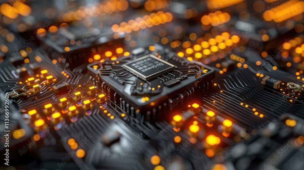 Poster a close-up of a circuit board with glowing components, showcasing technology and innovation.