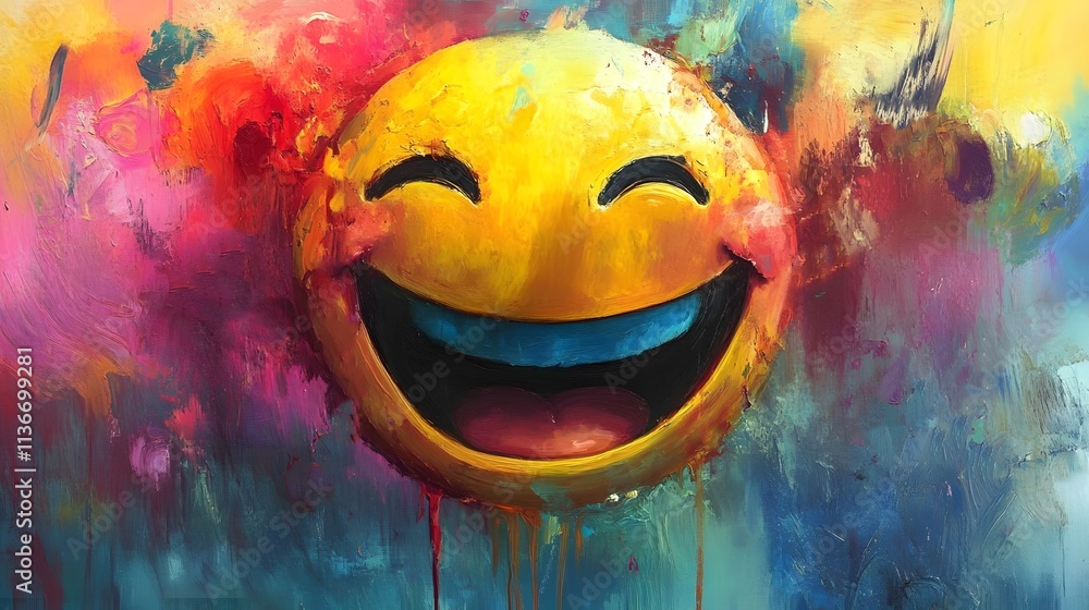 Poster vibrant and joyful smiley face on abstract colorful background, expressing happiness and positivity 