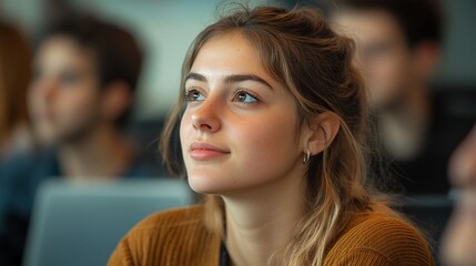 A close-up portrait of a young woman with a thoughtful expression