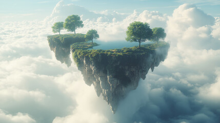 Floating islands above clouds create a dreamlike landscape with lush greenery and serene water