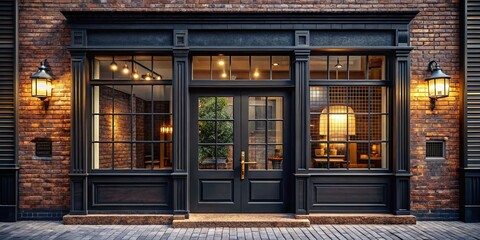 Vintage Style Black Brick Storefront, Modern Architecture, Large Windows, Wooden Door, Retro Photography