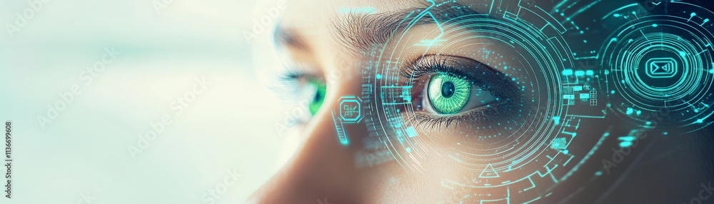 Poster a futuristic digital interface overlays a person's eye, illustrating advanced technology integration