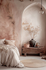 Light Pink Luxury Rustic Minimalist Bedroom with Stucco Handcrafted Quality Wall and White Boho Chic Aesthetic