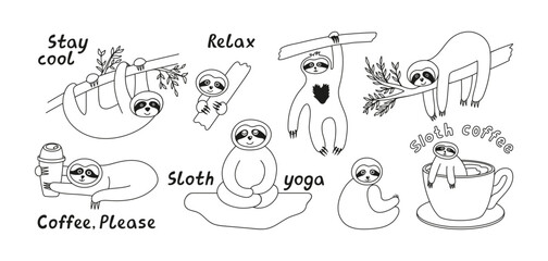 Adorable sloth animals collection doodle with lettering. Hand drawn tropical bears character on the tree, sitting, hanging and relax © anntre