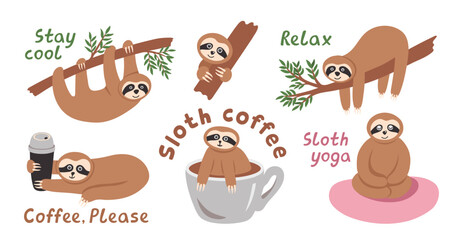 Funny sloth animals collection in rainforest with lettering. Hand drawn tropical bears character relaxing in greenery, sitting and hanging on branch © anntre