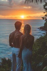 Fototapeta premium Smiling couple enjoying beach sunset with natural hairstyles and vibrant clothing