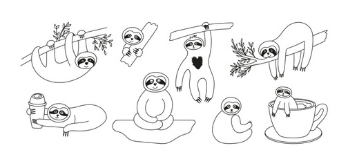 Adorable sloth animals collection doodle. Hand drawn tropical bears character on the tree, sitting, hanging and relax