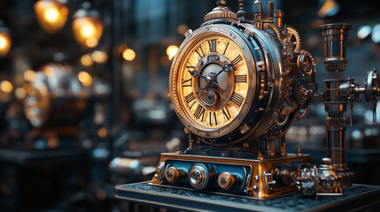 Intricate brass clock showcasing detailed gears and vintage design elements in a dimly lit setting