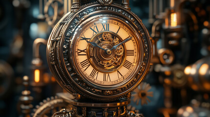 Obraz premium Intricate clock with detailed gears showcasing craftsmanship and design in a vintage style