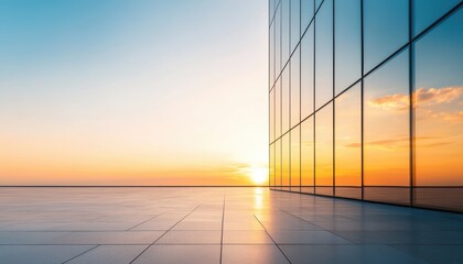 Fototapeta premium A modern glass building reflects a bright blue sky with fluffy clouds, creating a serene and minimalist urban landscape.