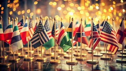 Obraz premium Vintage Style Collection of National Flags from Around the World in Retro Aesthetic, Showcasing Diverse Cultures and Heritage Through Unique Designs and Color Palettes