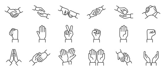 Simple set of hand line icons. Hand gesture linear icon set. Palm indicates fist, handshake, peace and love. Hand icon set. Contains gestures, collection of Vector icons in line form. 