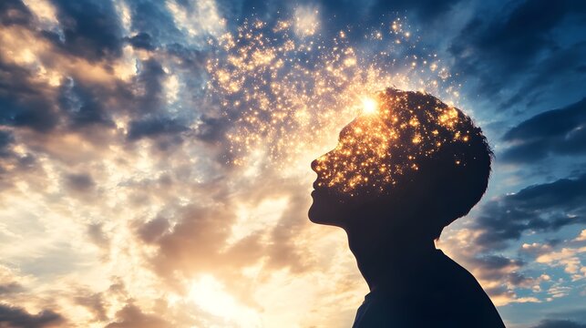 Silhouette of a Person with Stars and Light Effects Representing Imagination, Creativity, Dreams, and Inner Thoughts Against a Dramatic Sky Background