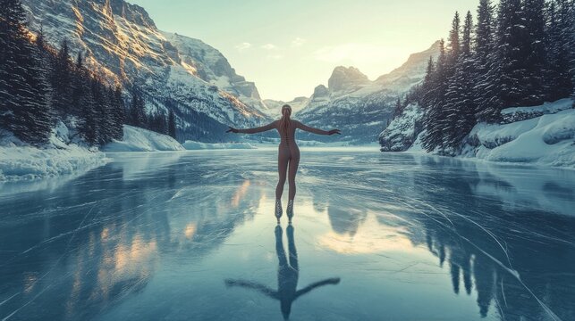 Skating on a frozen lake surrounded by mountains at sunset during winter - Powered by Adobe